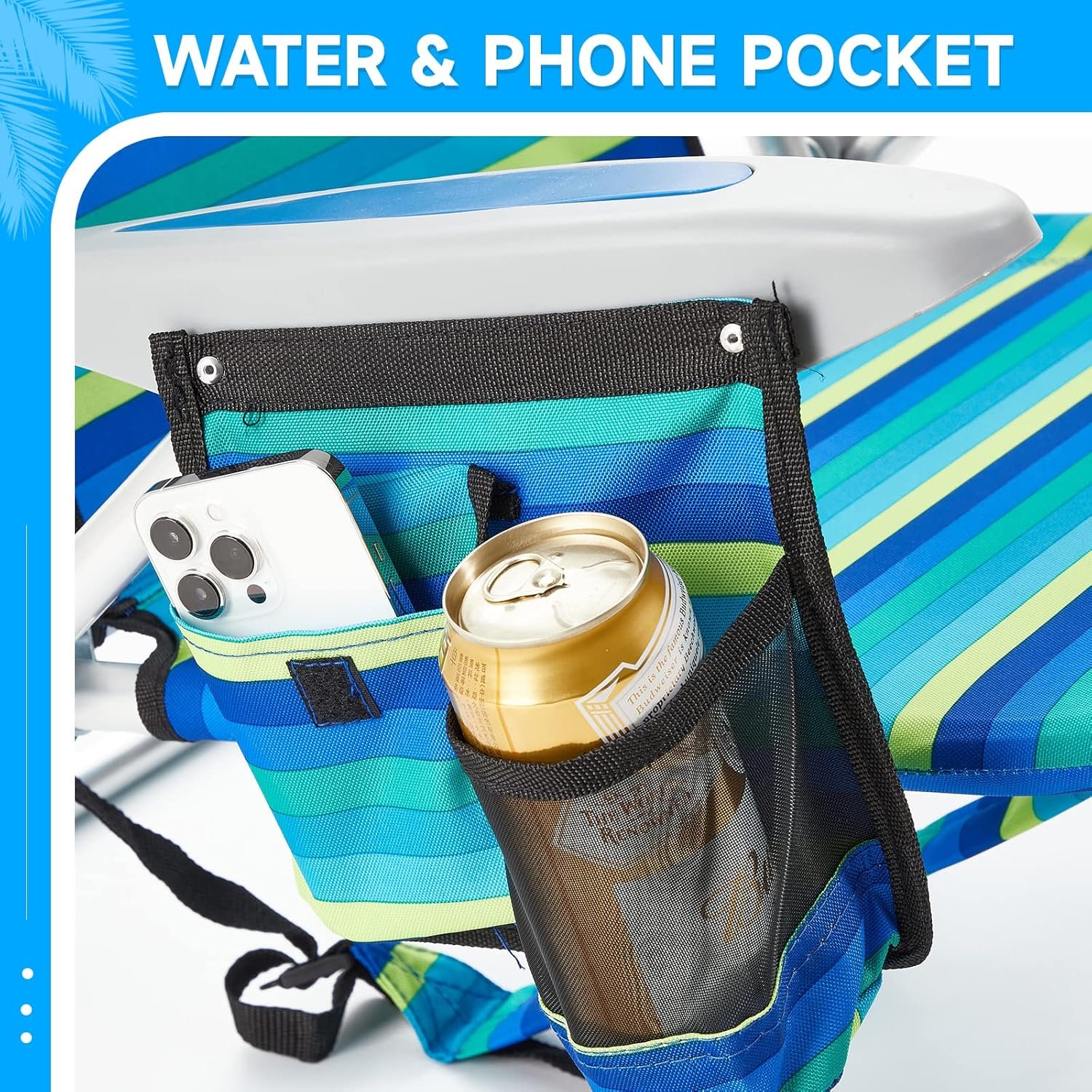 2 Pack Lightweight Portable Camping Beach Chair for Adults, Outdoor Lay Flat Folding Beach Chairs with 5 Positions, Backpack Beach Chair with Towel Bar, Zipper Pouch, Cup Holder, Ocean Striped - Image 7