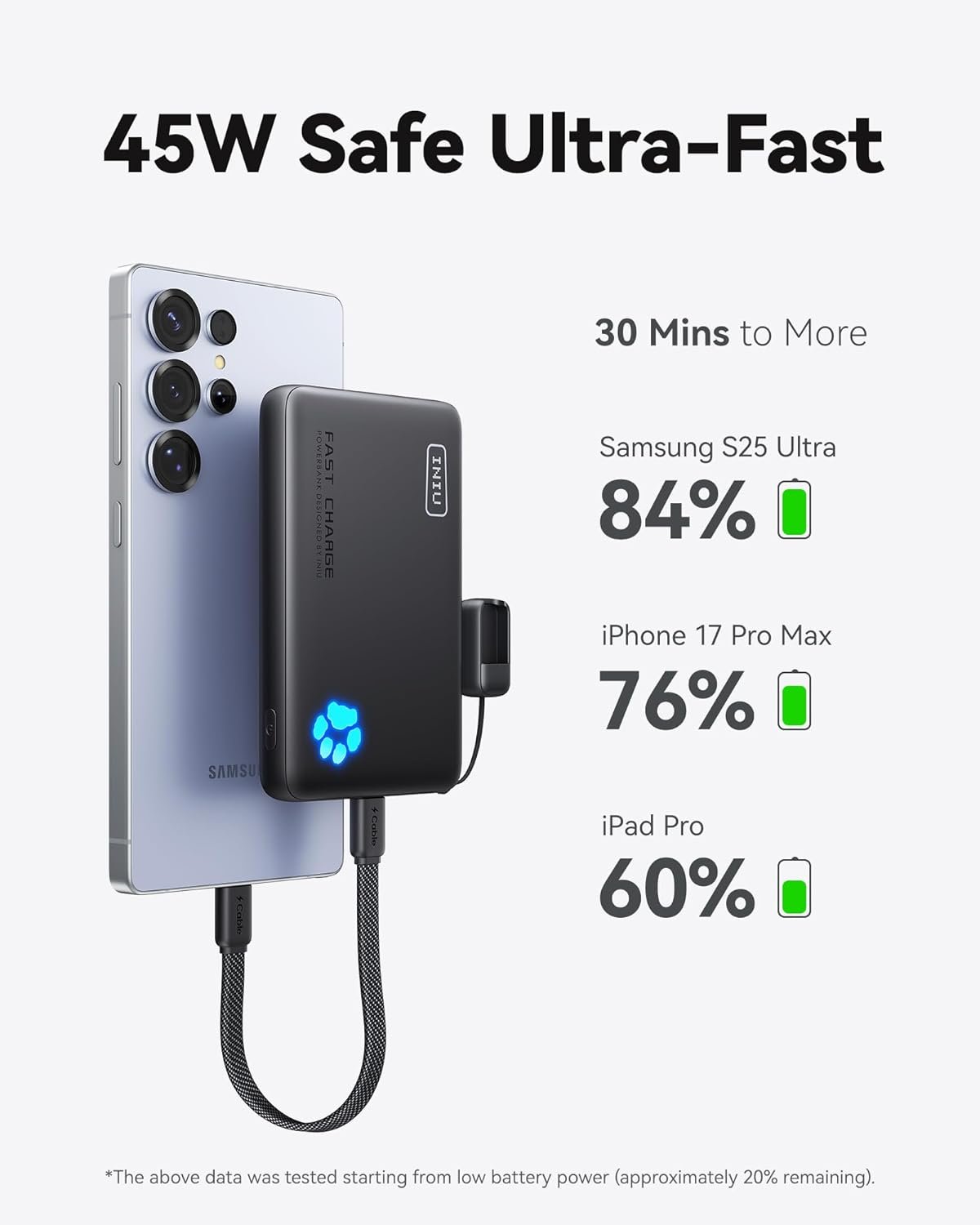 INIU 45W Fast Charging Portable Charger, 40% Smaller 10000mAh with Detachable Cable, Flight-Safe Travel Power Bank, USB C External Phone Battery Pack for iPhone 17 16 Pro iPad Samsung S26 Google etc - Image 3