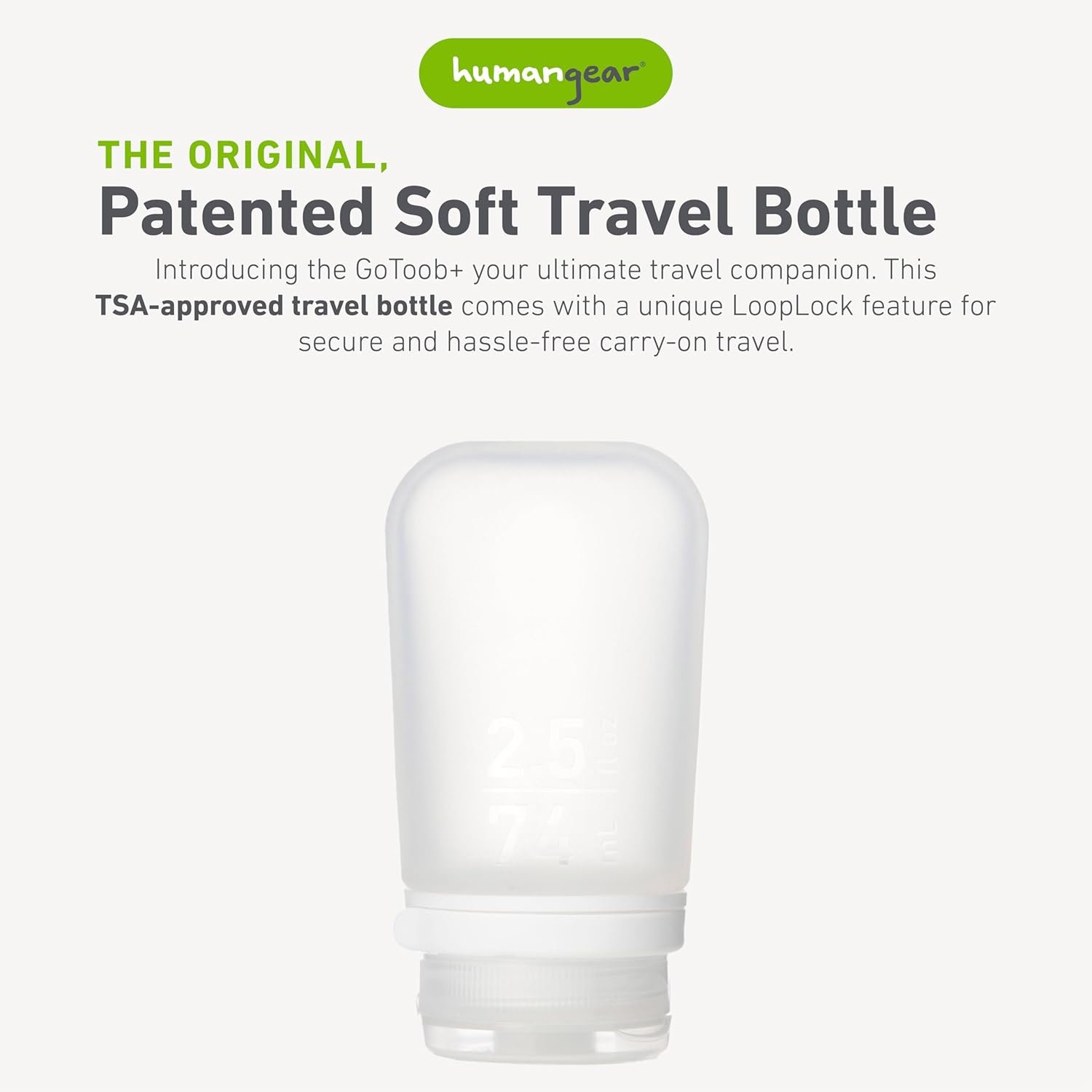 humangear GoToob+ (Medium) | Refillable Silicone Travel Bottle | Locking Lid | Food-Safe Material | Clear, Medium (2.5 fl.oz.; 74ml) - Image 2
