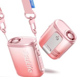 JISULIFE Portable Necklace Fan with 100 Speeds, 40000RPM, Digital Display, 4500mAh Personal Waist Fan for 16H Cooling, Clip-On Wearable Design for Outdoor Travel, Fashionable Gift for Women(Pink)