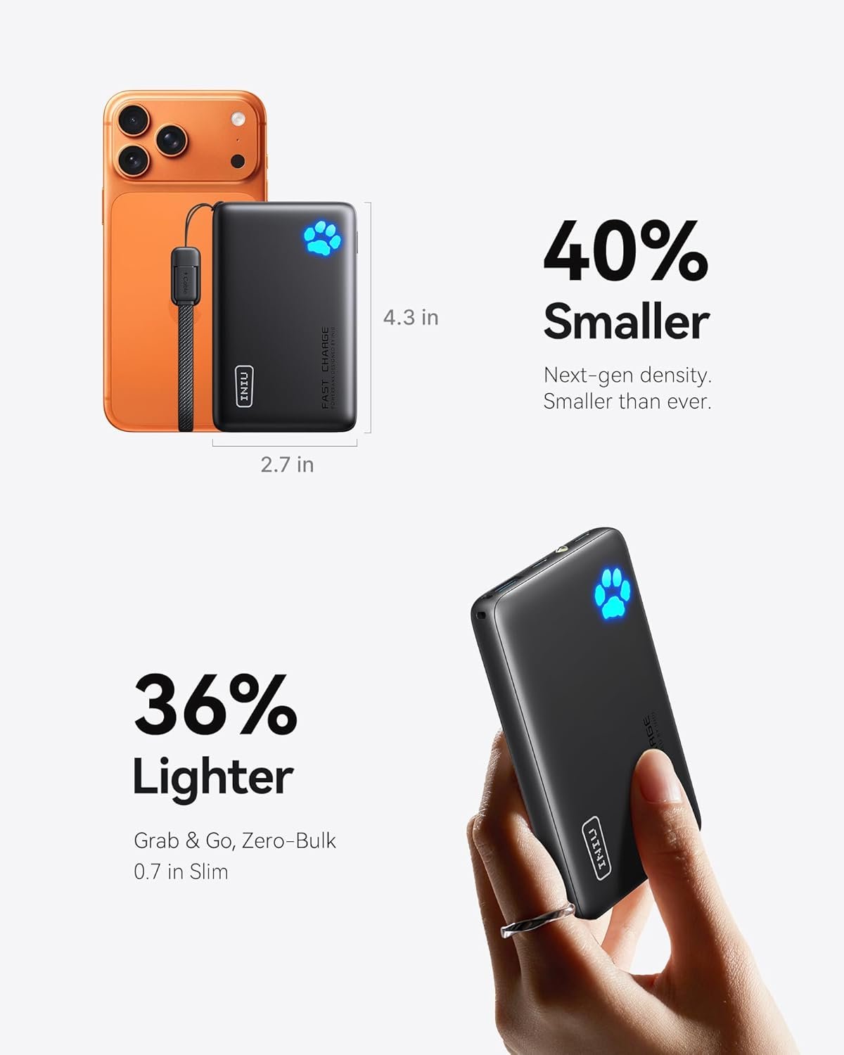 INIU 45W Fast Charging Portable Charger, 40% Smaller 10000mAh with Detachable Cable, Flight-Safe Travel Power Bank, USB C External Phone Battery Pack for iPhone 17 16 Pro iPad Samsung S26 Google etc - Image 2