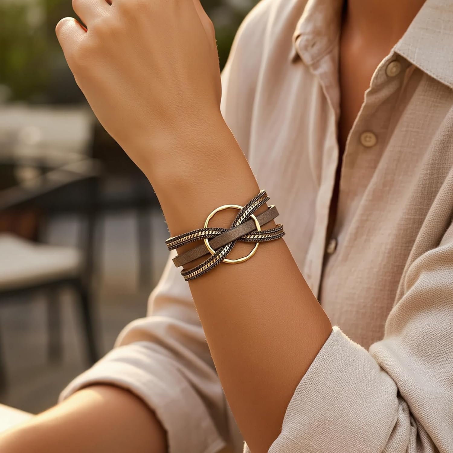 Edoneery Leather Wrap Bracelet for Women, Boho Handmade Multi-Layer Cuff with Crystal Beads Heart, Stackable Bangle Western Jewelry Gift - Image 3