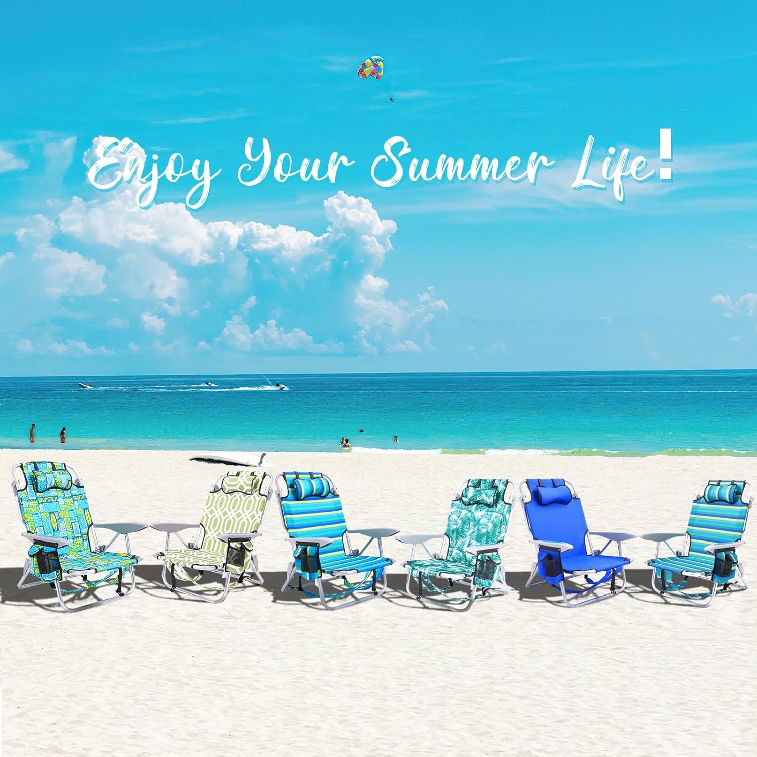 Portable Beach Chair for Adults, Outdoor Camping Chair Lay Flat Folding Backpack Beach Reclining Chair with 5 Positions, Headrest, Cup Holder, Heavy Ocean Striped - Image 7