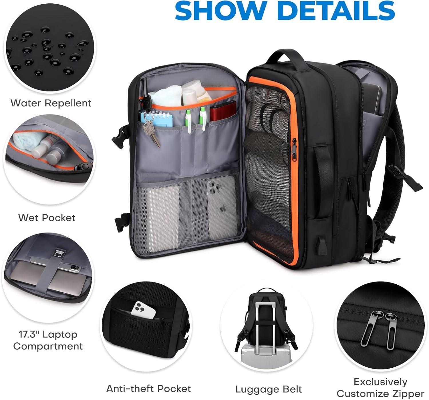 Rcrirth Carry On Travel Backpack for Airplanes | 35L Suitcase Backpack Luggage Business Weekender Bag - Expandable Travel Carry On Flight Approved for Men Women - Black - Image 4