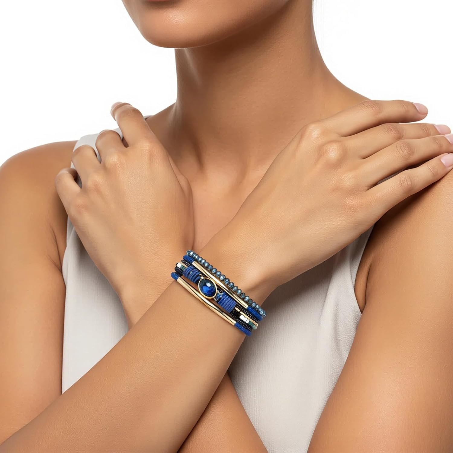 Edoneery Leather Wrap Bracelet for Women, Boho Handmade Multi-Layer Cuff with Crystal Beads Heart, Stackable Bangle Western Jewelry Gift - Image 3