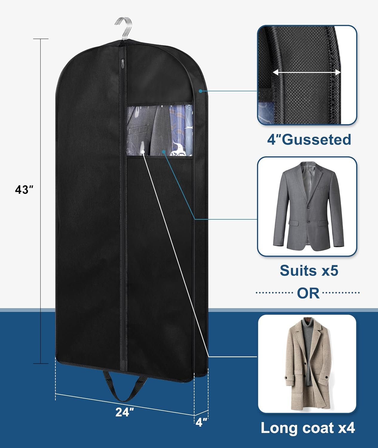KIMBORA 43" Suit Bags for Closet Storage and Travel, Gusseted Hanging Garment Bags for Men Suit Cover With Handles for Clothes, Coats, Jackets, Shirts(3 Packs) - Image 2
