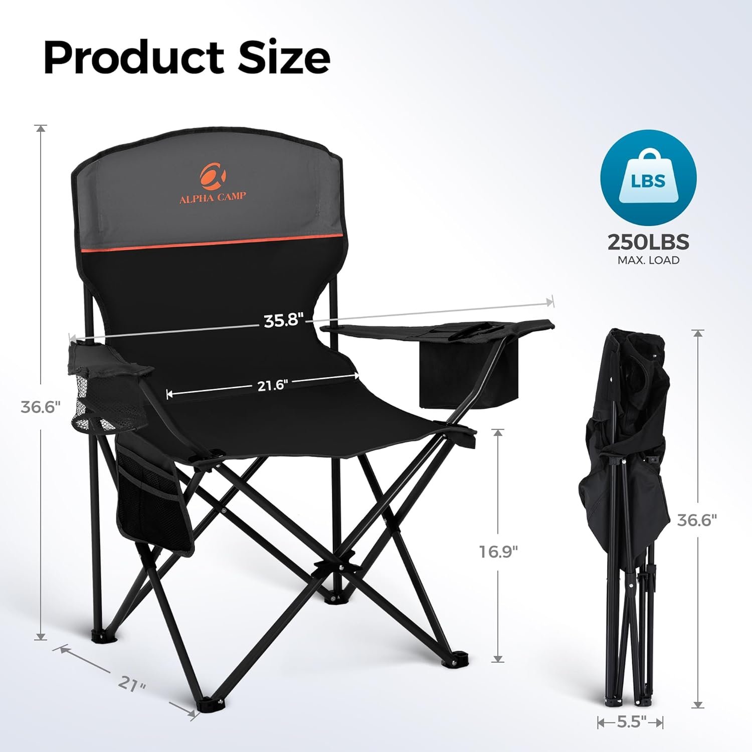 ALPHA CAMP Camping Chairs 350LBS Capacity, Heavy Duty Folding Chair with 4-Can Cooler Bag, Portable Outdoor Chair with Cup Holder for Adults, Collapsible for Tailgating, Beach, Fishing - Image 3