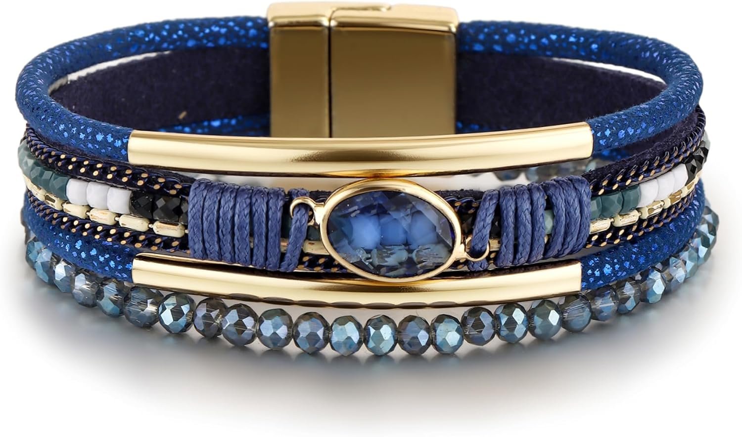 Edoneery Leather Wrap Bracelet for Women, Boho Handmade Multi-Layer Cuff with Crystal Beads Heart, Stackable Bangle Western Jewelry Gift