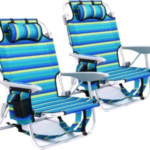 2 Pack Lightweight Portable Camping Beach Chair for Adults, Outdoor Lay Flat Folding Beach Chairs with 5 Positions, Backpack Beach Chair with Towel Bar, Zipper Pouch, Cup Holder, Ocean Striped