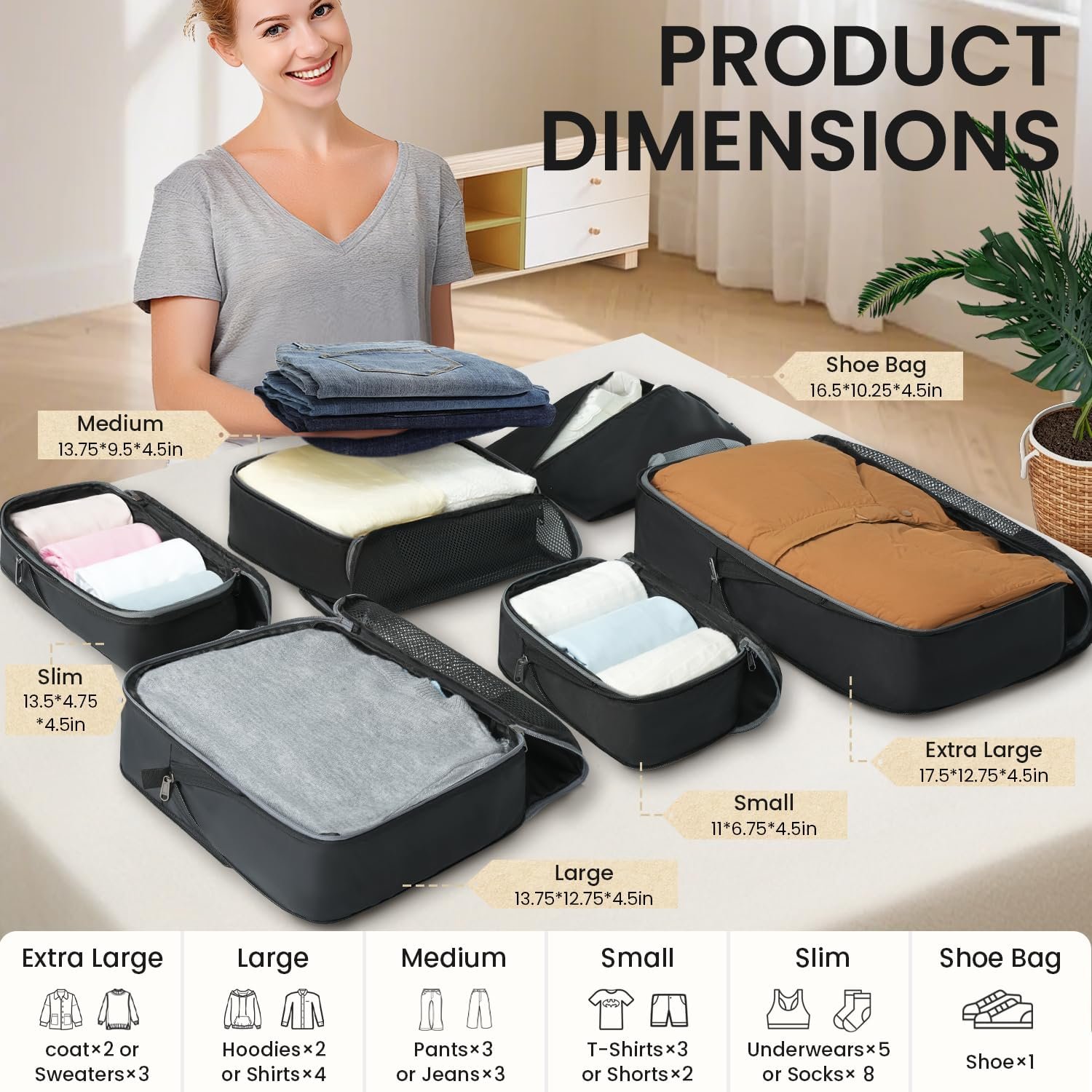 BAGAIL 4 Set/6 Set/8 Set Compression Packing Cubes Travel Accessories Expandable Packing Organizers (Half Mesh, 6-Black) - Image 2