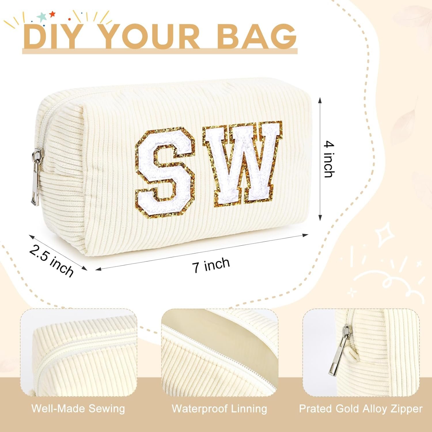 SOIDRAM 12 Pieces Makeup Bag Corduroy Cosmetic Bag Beige Makeup Pouch Travel Toiletry Bag Organizer Cute Makeup Brushes Storage Bag for Women - Image 3