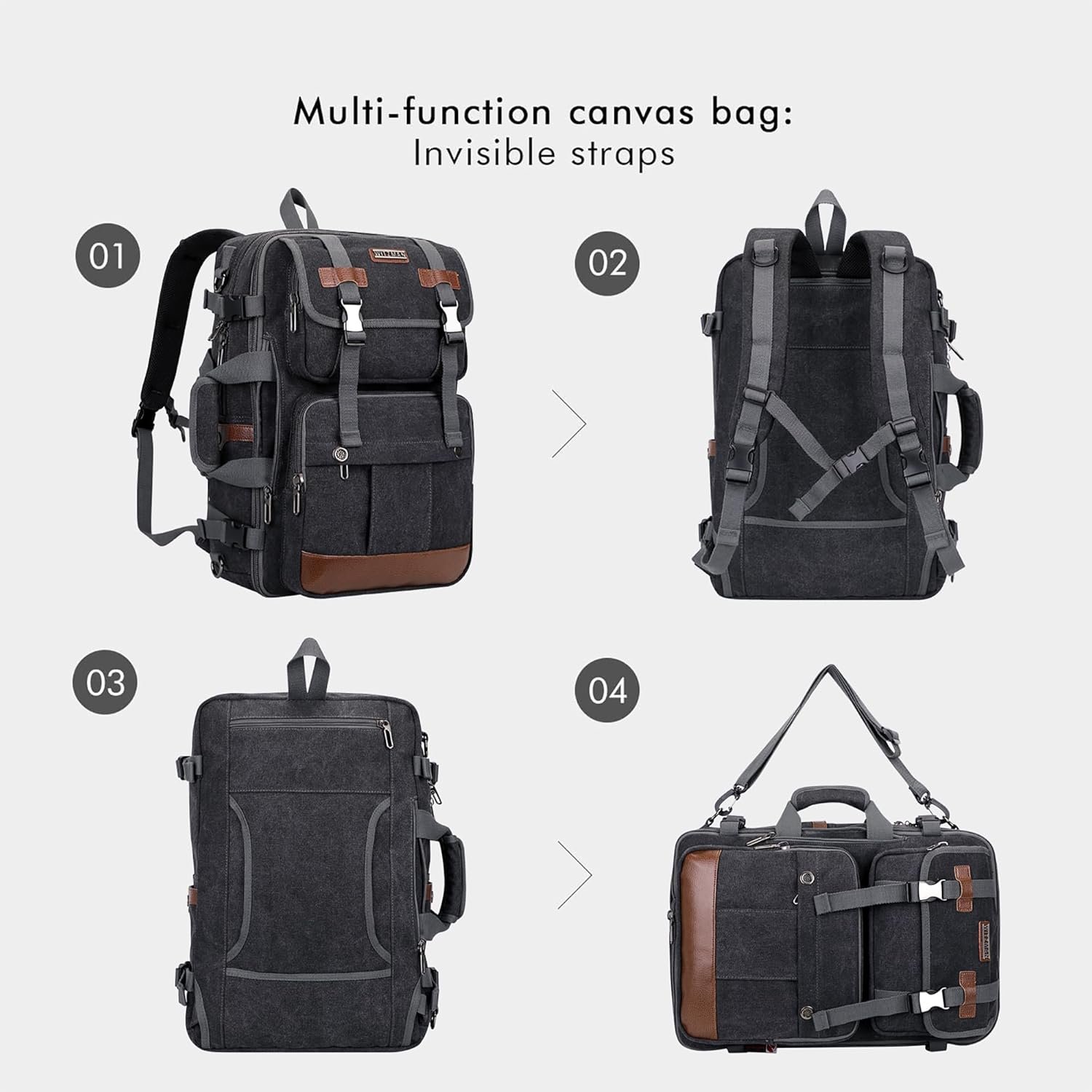 WITZMAN Canvas Travel Backpack for Men Large Laptop Backpack Fit 16 inch Carry-on Airline Approved Convertible Shoulder Rucksack(A6617-3 Black) - Image 7