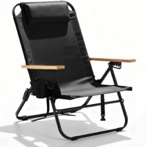 Premium Portable Camping Chair 5-Position Recliner Beach Folding Lightweight Outdoor Chair with Wooden Armrests, Headrest, Multi-Pockets Heavy Duty 350lbs, for Patio, Backyard, Black