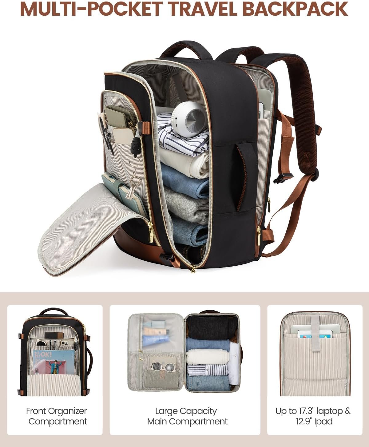 LOVEVOOK Travel Backpack for Women, 40L Carry On Backpack Flight Approved, Large Personal Item Bag Fits 17 inch Laptop, TSA Approved Luggage with 3 Packing Cubes,Waterproof Weekender Gym Daypack - Image 4