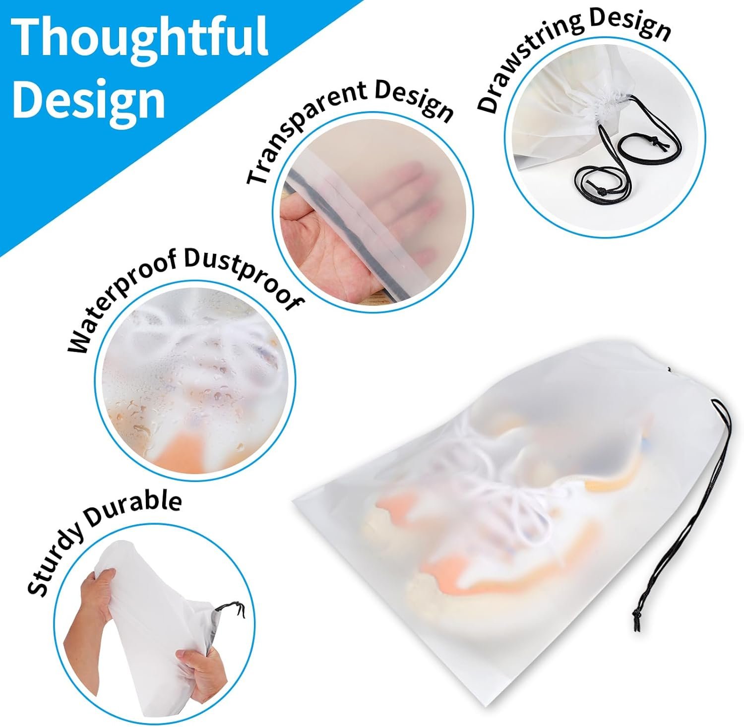 COIDEA, Waterproof Travel Drawstring Shoe Bags for Packing, Storage, Travel Essentials for Men and Women, 15.7 x 11.8 inches, Clear, 5 pieces - Image 3