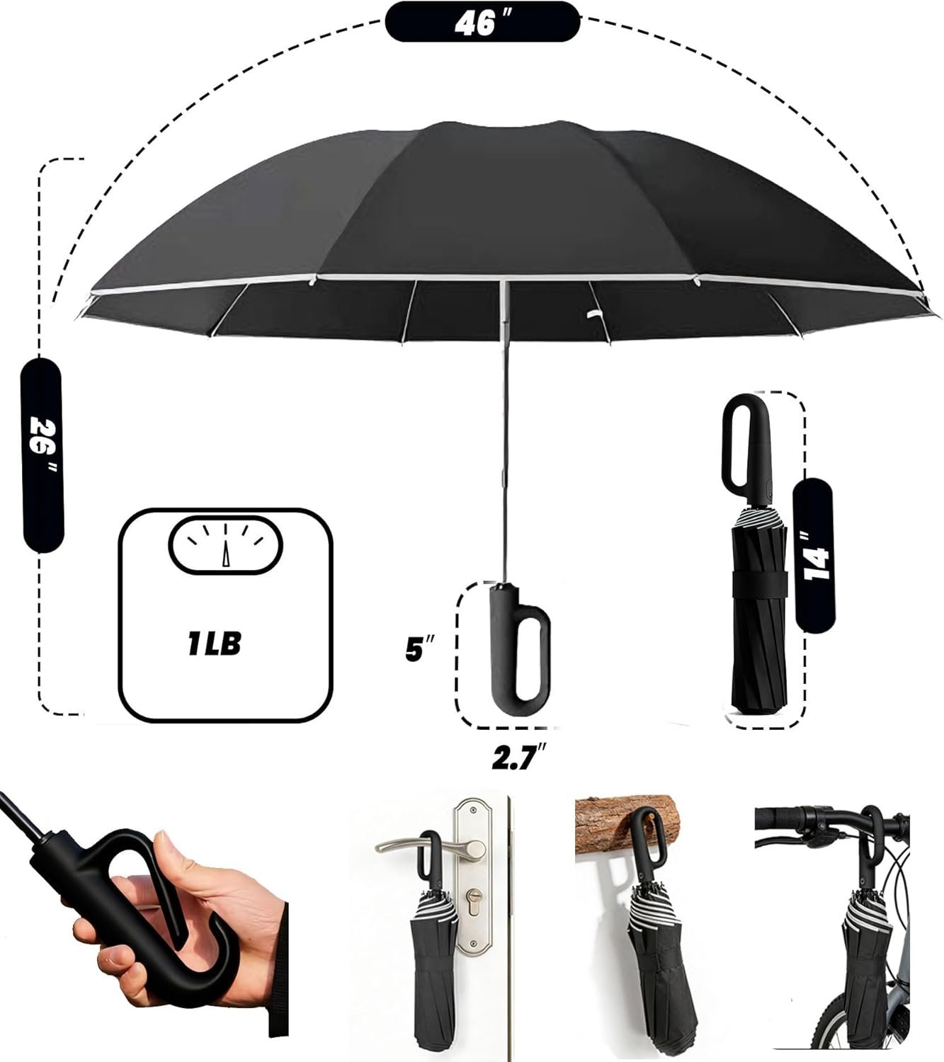 SIEPASA Travel Umbrella with Carabiner Handle - Windproof 10 Ribs Auto Open/Close for Rain & Sun Protection, Compact Portable Clip-on Backpack Design with Safety Reflective Strip. - Image 5