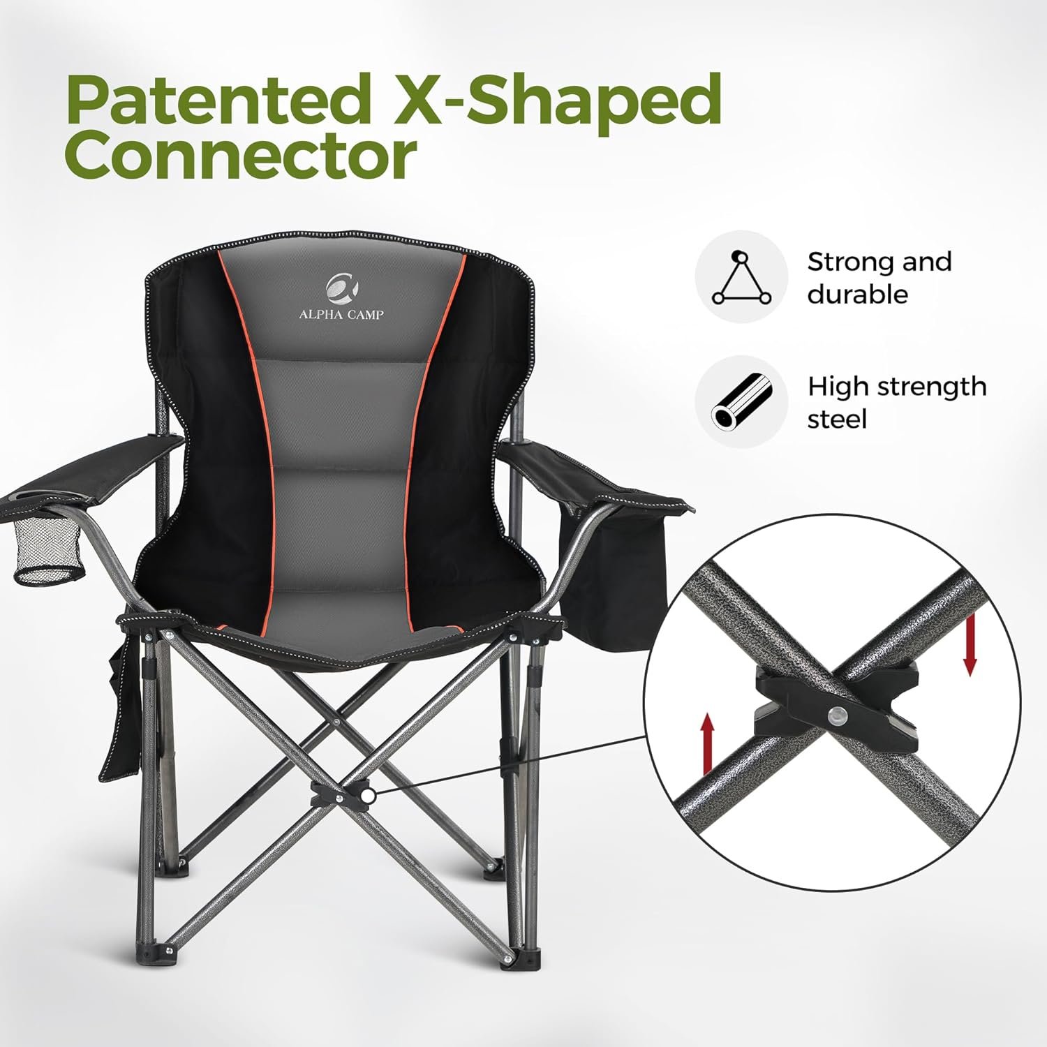 ALPHA CAMP Heavy Duty Camping Chair 500LBS Capacity, Oversized Folding Chair for Heavy People, Padded Portable Outdoor Chair with Cooler Bag & Cup Holder for Camping, Fishing, Beach - Image 3