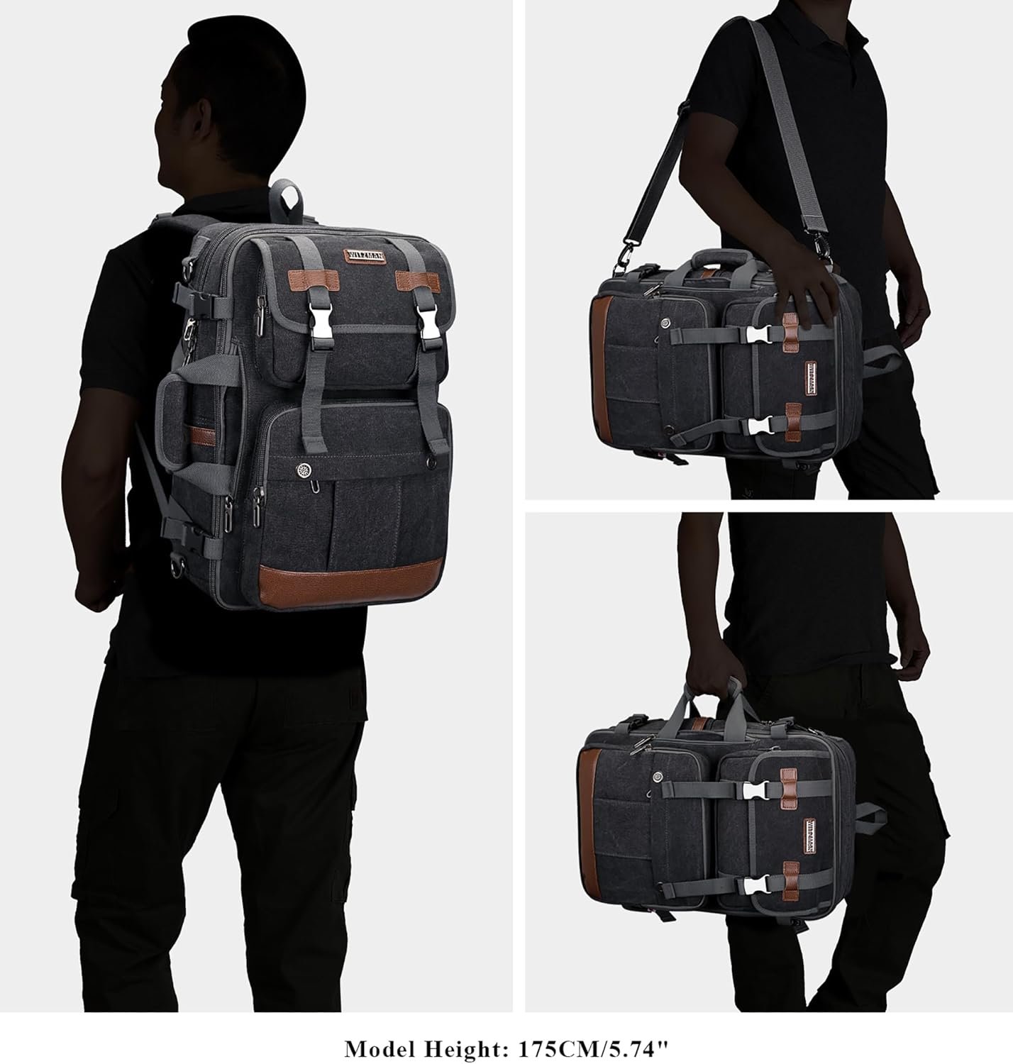WITZMAN Canvas Travel Backpack for Men Large Laptop Backpack Fit 16 inch Carry-on Airline Approved Convertible Shoulder Rucksack(A6617-3 Black) - Image 2