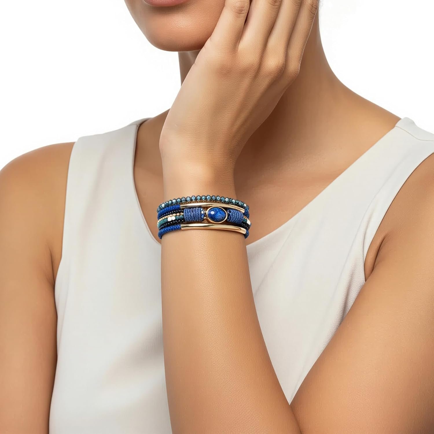 Edoneery Leather Wrap Bracelet for Women, Boho Handmade Multi-Layer Cuff with Crystal Beads Heart, Stackable Bangle Western Jewelry Gift - Image 5