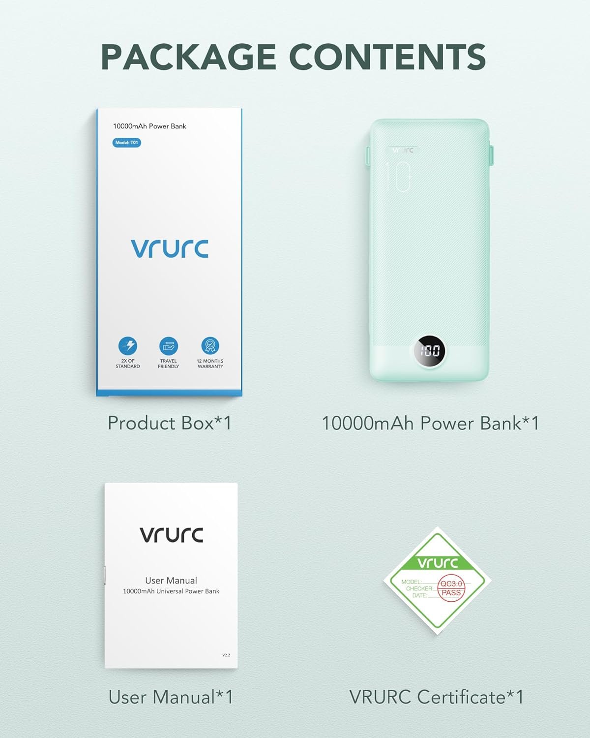 VRURC Portable Charger Built-in Cables and AC Wall Plug, USB C Power Bank 10000mAh, Travel Battery Portable Phone Charger Compact Lightweight External Battery Pack for Smart Phones, Tablets etc-Green - Image 8