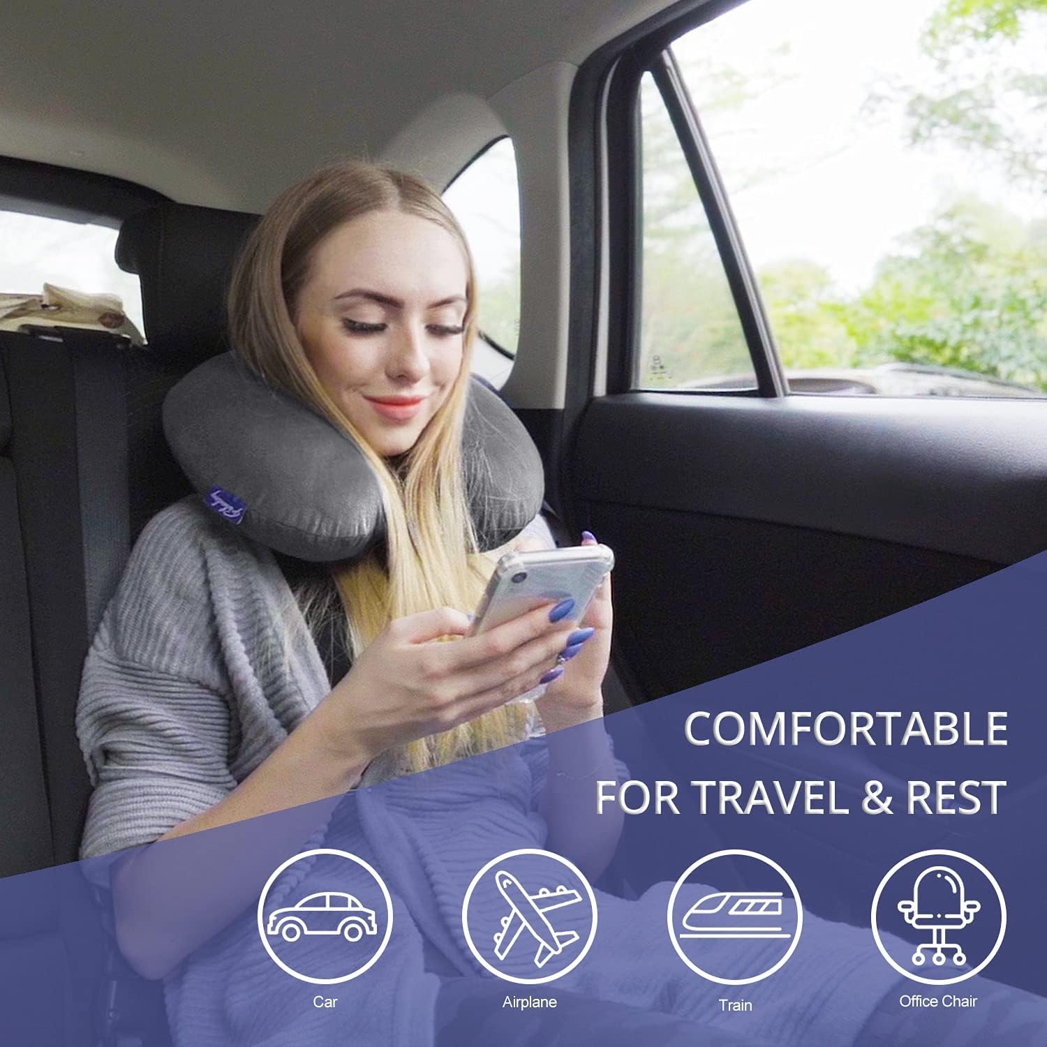 Travel Pillow Memory Foam for Airplanes - Neck Pillow for Traveling, Car, Home, Flight Pillow for Sleeping with Attachable Snap Strap Soft Washable Cover, Provide Head Neck Support Rest, Dark Gray - Image 3