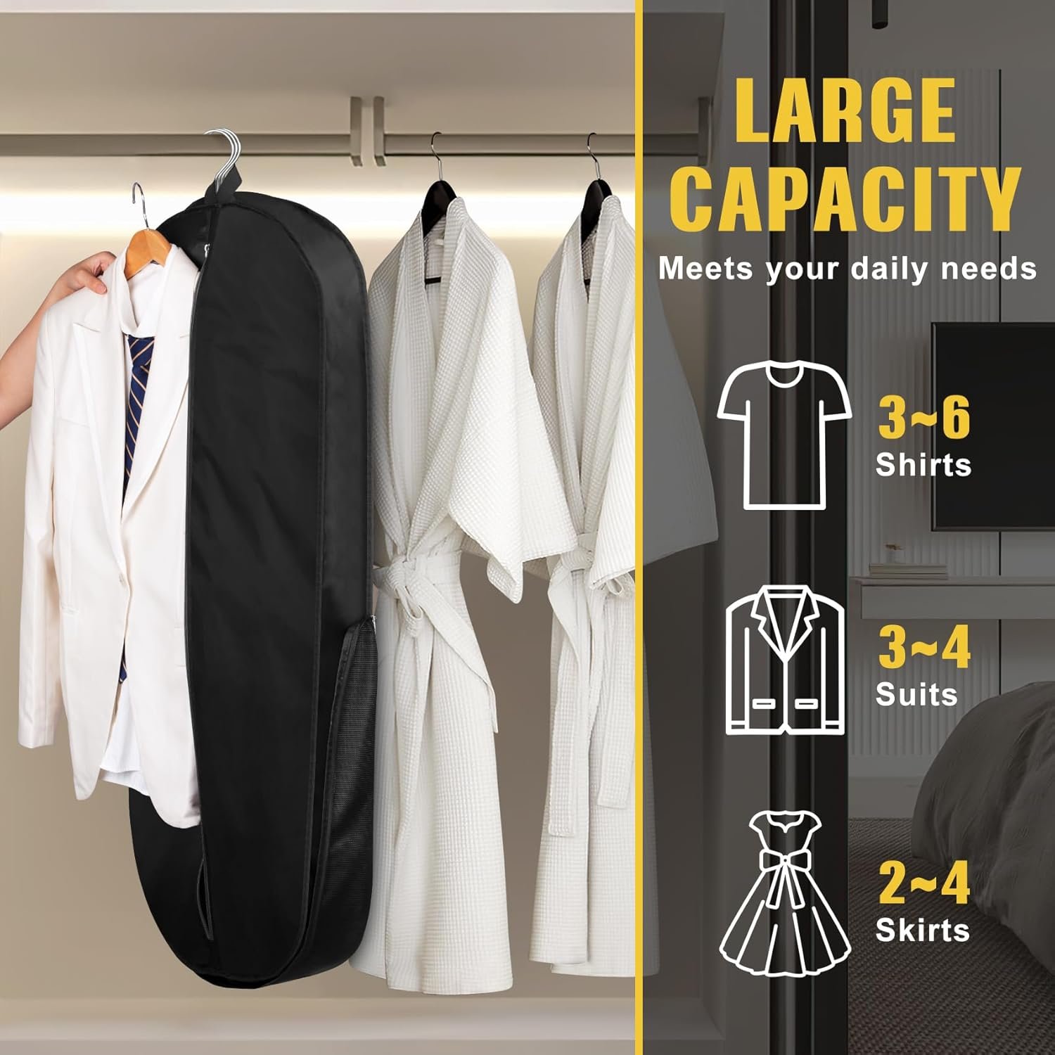 SLEEPING LAMB Heavy Duty Garment Bag for Travel, 43''Waterproof Suit Bag for Men Travel and Foldable Carry On Garment Bag for Hanging Clothes with Large Pocket in Business Trip, Black - Image 4