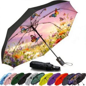 SIEPASA Compact Travel Umbrella - Windproof Auto Open/Close, Small Folding Umbrella for Rain & Sun with UPF50+ - Lightweight Frame, Waterproof - Fits Backpack, Purse, Suitcase.(Garden Butterfly)