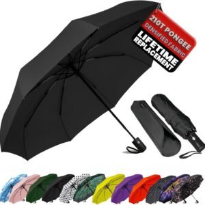 SIEPASA Compact Travel Umbrella - Windproof Auto Open/Close, Small Folding Umbrella for Rain - Lightweight & Durable with Fiberglass Frame, Waterproof Canopy - Fits Backpack, Purse, Suitcase. (Black)