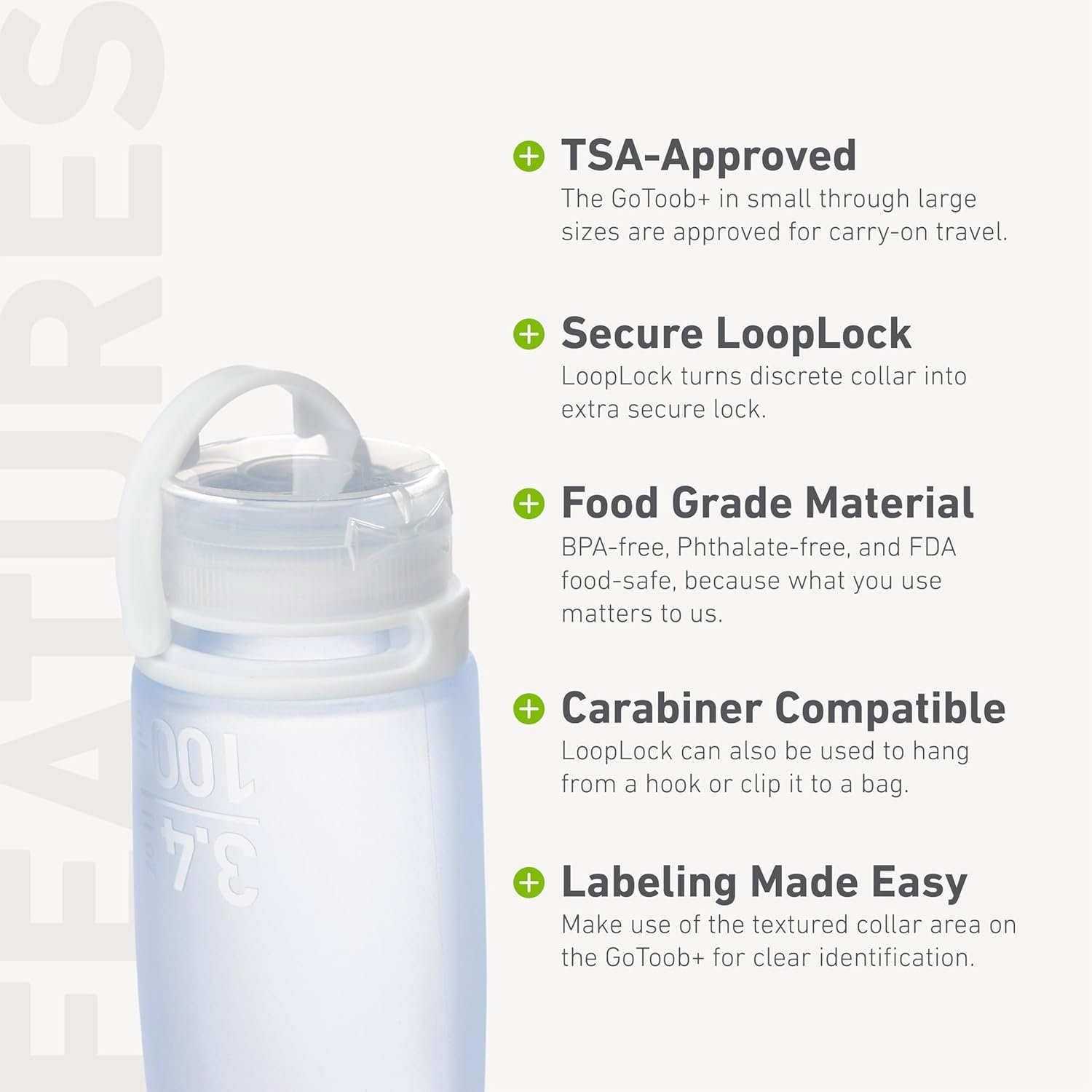humangear GoToob+ (Medium) | Refillable Silicone Travel Bottle | Locking Lid | Food-Safe Material | Clear, Medium (2.5 fl.oz.; 74ml) - Image 4