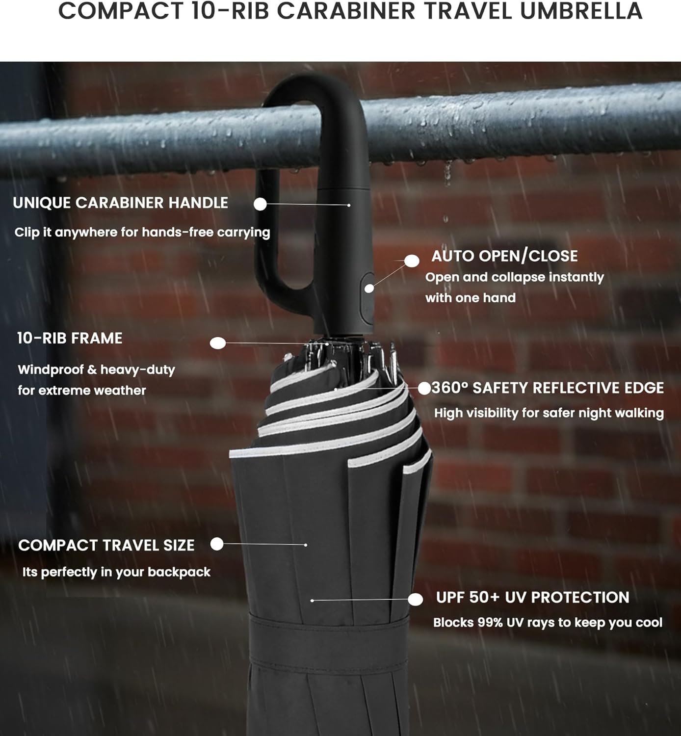SIEPASA Travel Umbrella with Carabiner Handle - Windproof 10 Ribs Auto Open/Close for Rain & Sun Protection, Compact Portable Clip-on Backpack Design with Safety Reflective Strip. - Image 2