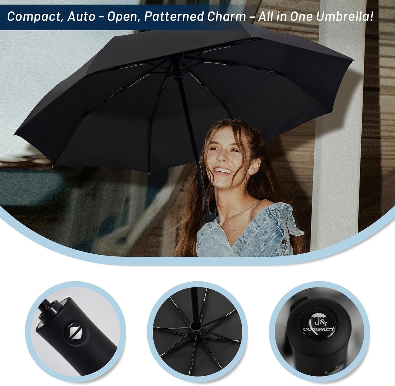 SY COMPACT Travel Umbrella - Windproof Automatic Compact Umbrella for Rain, Lightest 8-Rib, Small, Strong & Portable, Durable Grip, Fits Backpack & Car, Factory Direct (UV Available) - Image 7