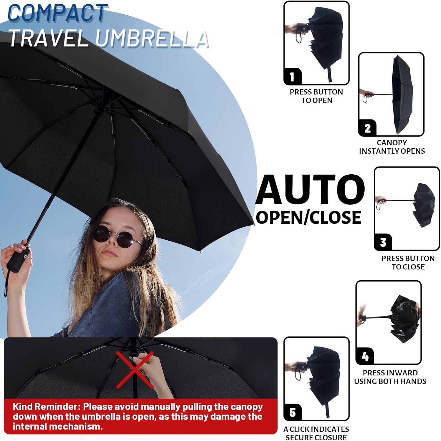 SY COMPACT Travel Umbrella - Windproof Automatic Compact Umbrella for Rain, Lightest 8-Rib, Small, Strong & Portable, Durable Grip, Fits Backpack & Car, Factory Direct (UV Available) - Image 5