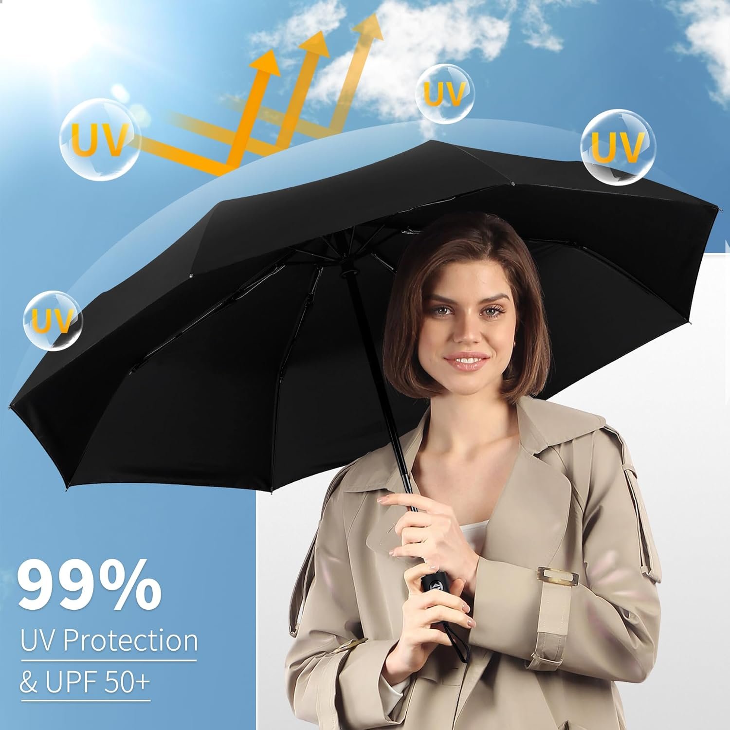Seniny Windproof Travel Umbrella, Automatic Umbrellas for Rain, Portable & Compact Umbrellas for Backpack, Strong UV for Protection, Folding Small Sun Umbrella for Car, Walking - Image 3