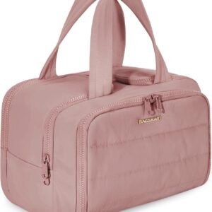 BAGSMART Travel Toiletry Bag, Lightweight Large Wide-open Travel Bag for Women, Puffy Cosmetic Makeup Bag Organizer with Handle for Accessories,Essentials, Toiletries, Dark Pink