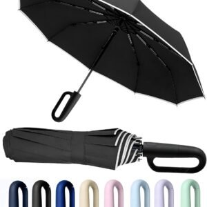 SIEPASA Travel Umbrella with Carabiner Handle - Windproof 10 Ribs Auto Open/Close for Rain & Sun Protection, Compact Portable Clip-on Backpack Design with Safety Reflective Strip.