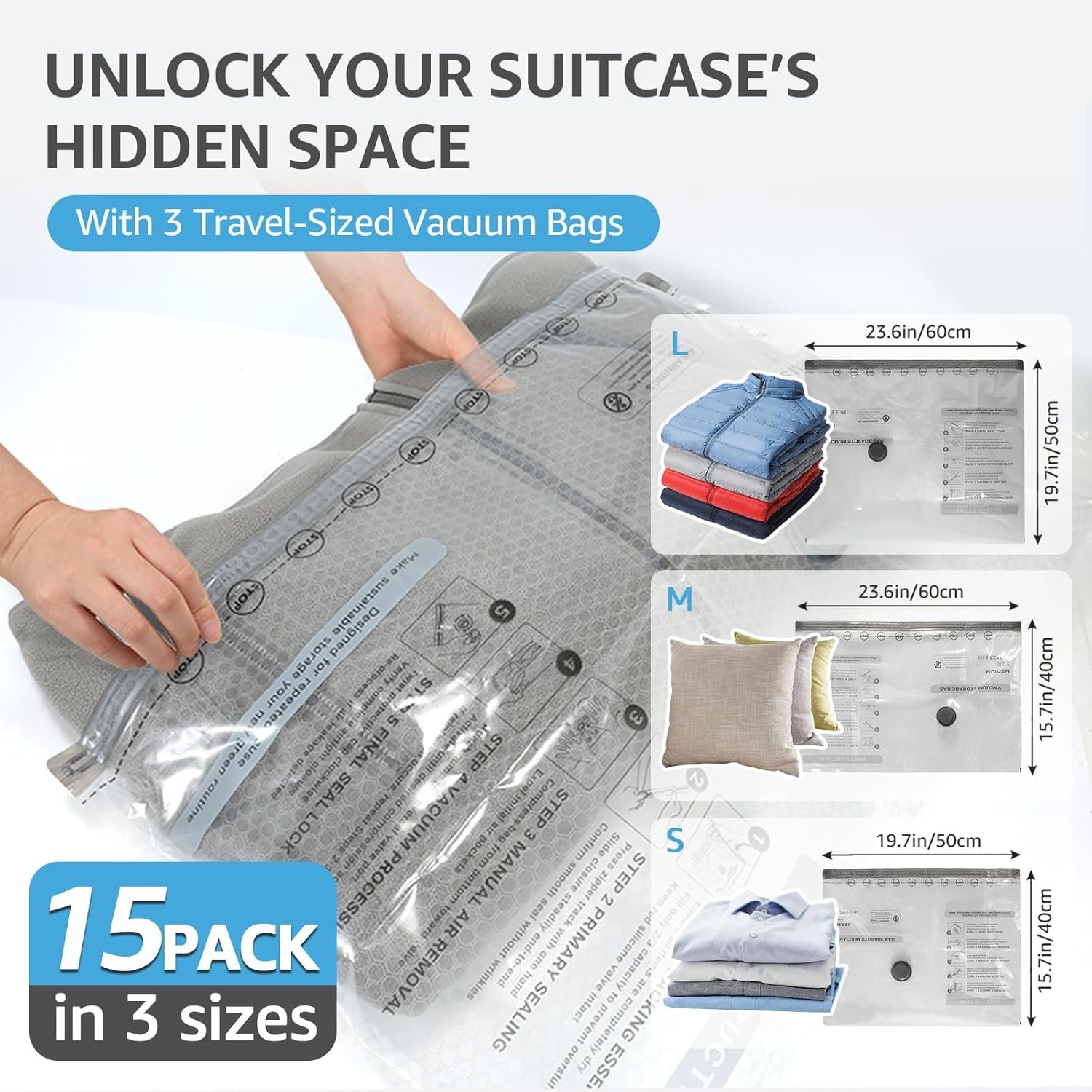 15 Packs Vacuum Bags for Travel with Rechargeable Pump, 3 Sizes Vacuum Seal Bags for Clothing, Compression Vacuum Travel Bags for Luggage, Vacuum Packing Bags for Closet Organization - Image 3