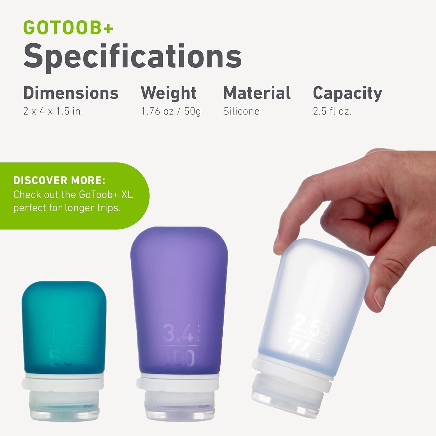 humangear GoToob+ (Medium) | Refillable Silicone Travel Bottle | Locking Lid | Food-Safe Material | Clear, Medium (2.5 fl.oz.; 74ml) - Image 5