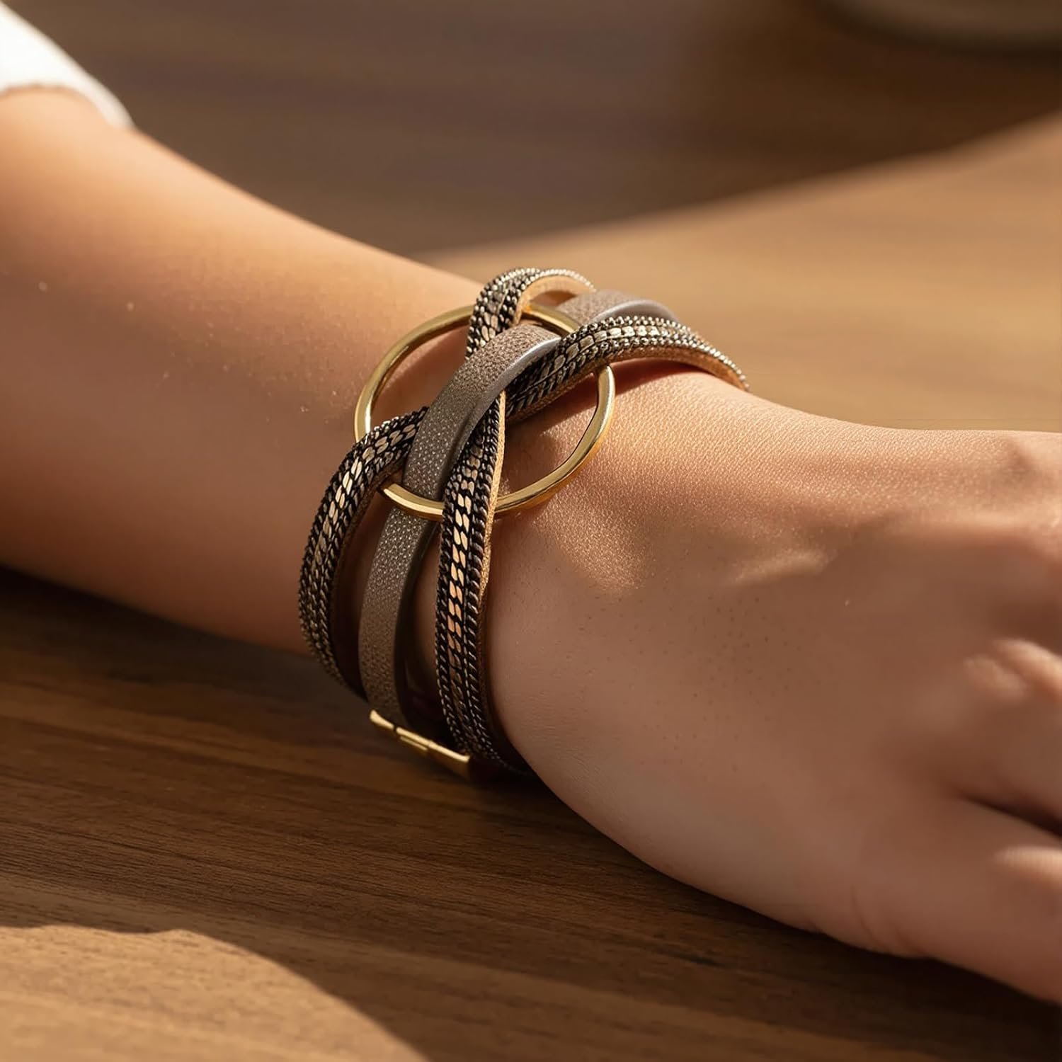 Edoneery Leather Wrap Bracelet for Women, Boho Handmade Multi-Layer Cuff with Crystal Beads Heart, Stackable Bangle Western Jewelry Gift - Image 5