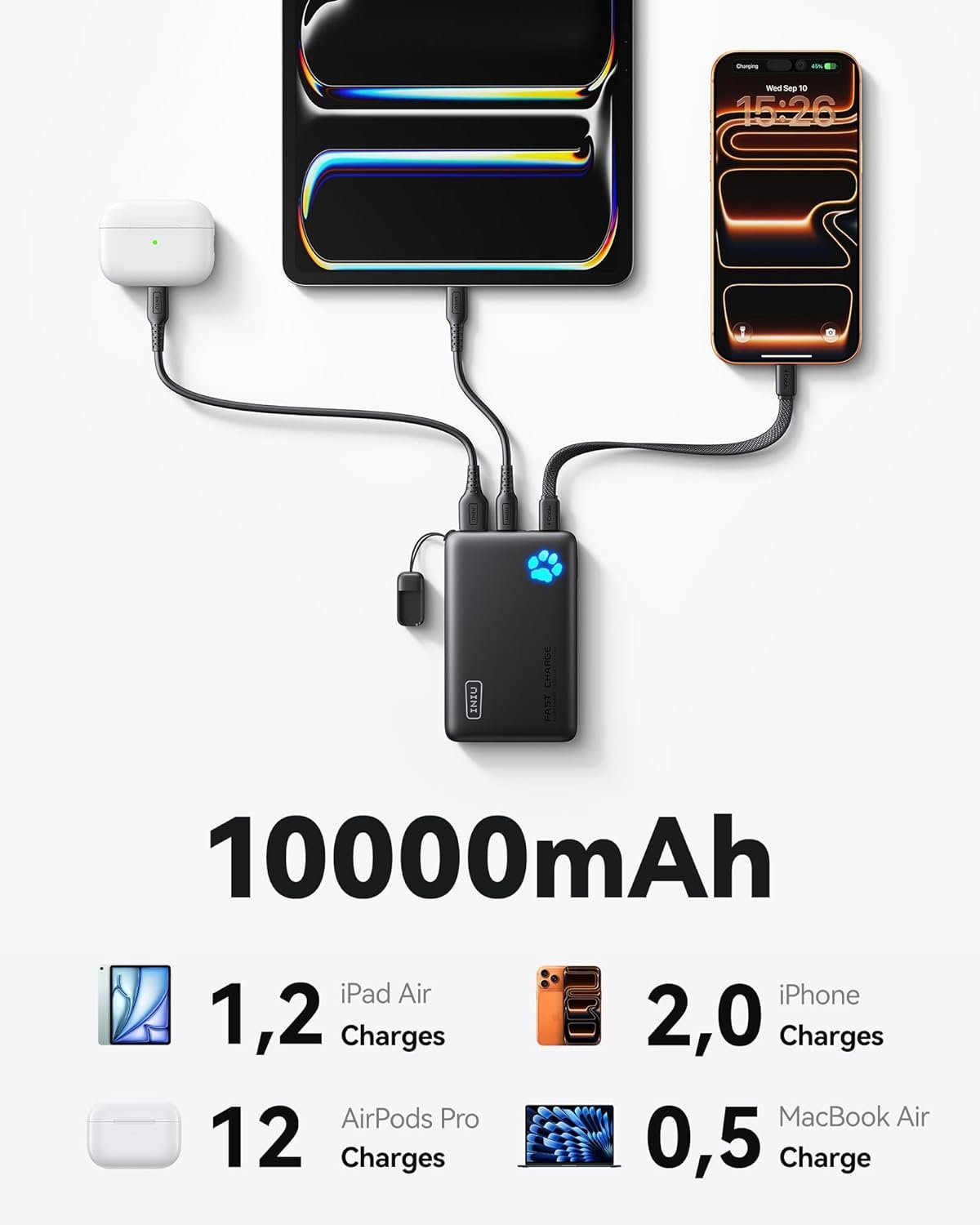 INIU 45W Fast Charging Portable Charger, 40% Smaller 10000mAh with Detachable Cable, Flight-Safe Travel Power Bank, USB C External Phone Battery Pack for iPhone 17 16 Pro iPad Samsung S26 Google etc - Image 5