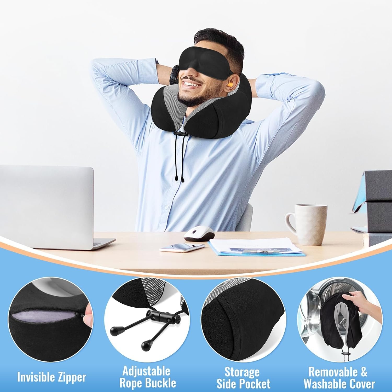 CloudBliss Travel Pillow Premium Memory Foam, Comfortable & Supportive Neck Pillow, Sleeping Neck Pillows for Travel, Airplane Pillow for Sleeping Airplane, Car, Office and Home(Black) - Image 4
