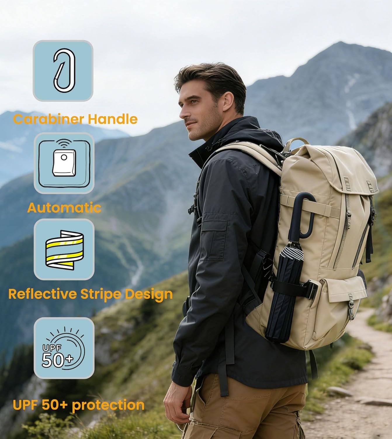 SIEPASA Travel Umbrella with Carabiner Handle - Windproof 10 Ribs Auto Open/Close for Rain & Sun Protection, Compact Portable Clip-on Backpack Design with Safety Reflective Strip. - Image 3