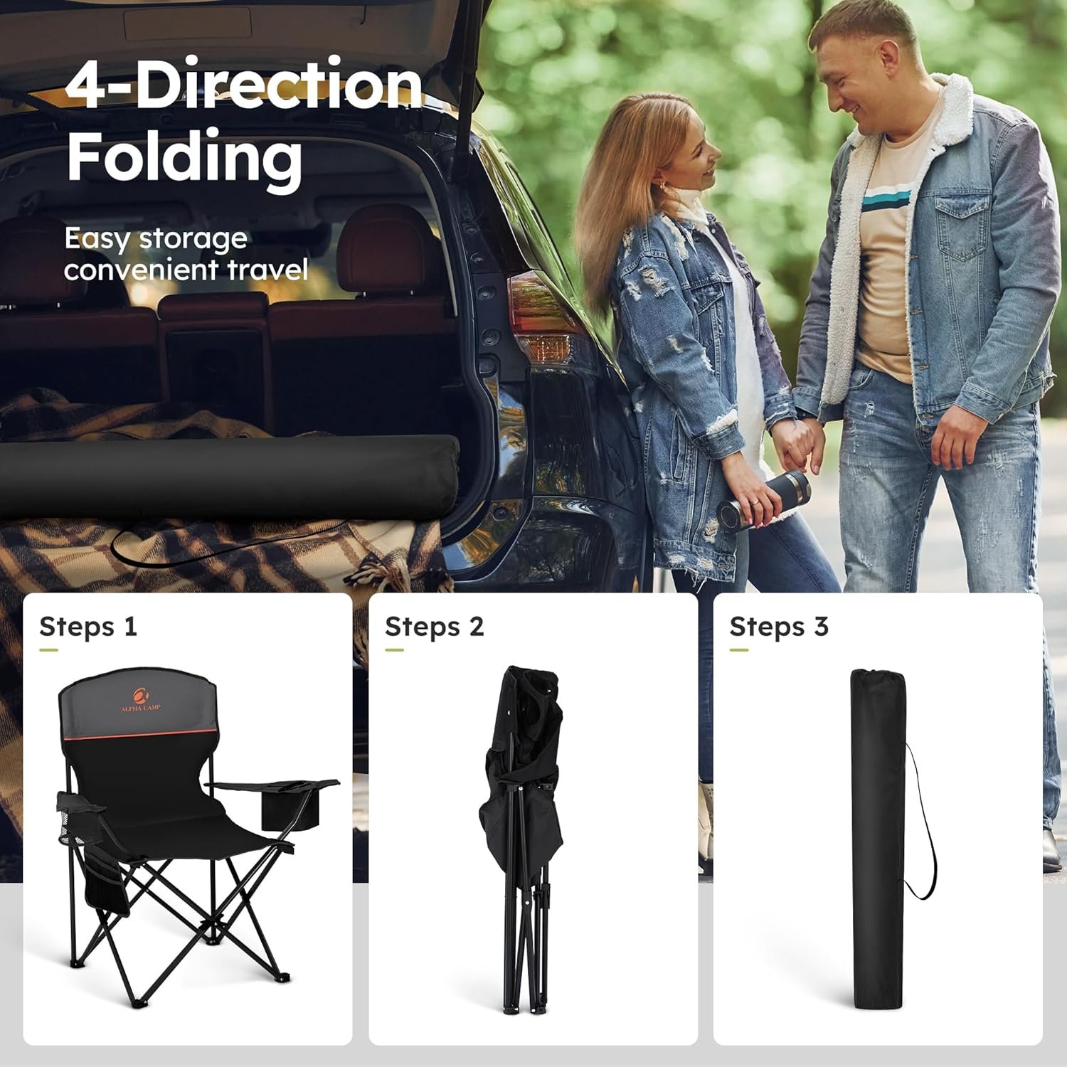 ALPHA CAMP Camping Chairs 350LBS Capacity, Heavy Duty Folding Chair with 4-Can Cooler Bag, Portable Outdoor Chair with Cup Holder for Adults, Collapsible for Tailgating, Beach, Fishing - Image 9
