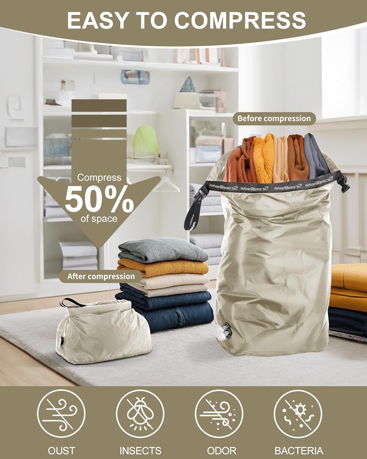 Travel Laundry Bag, Pump-Free Vacuum Compression Dirty Clothes Bag for Suitcases, Large Waterproof Wet Dry Bag, Space Saver Reusable Laundry Bag for Cruise Essentials, Road Trip & Dorm, Grey - Image 3