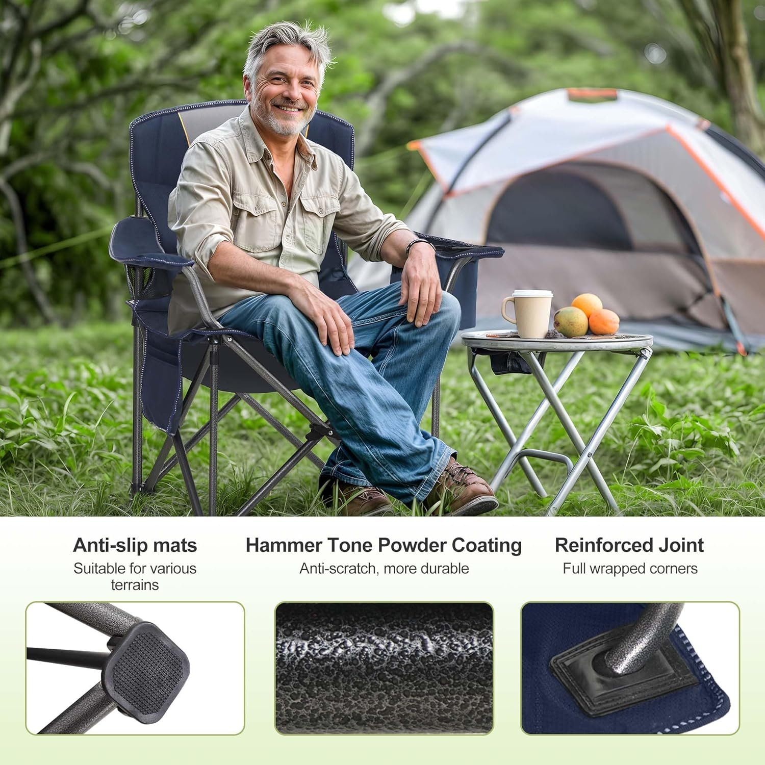 LET'S CAMP Folding Camping Chair Oversized Heavy Duty Padded Outdoor Chair with Cup Holder Storage and Cooler Bag, 450 LBS Weight Capacity, Thicken 600D Oxford,2 Pack - Image 6