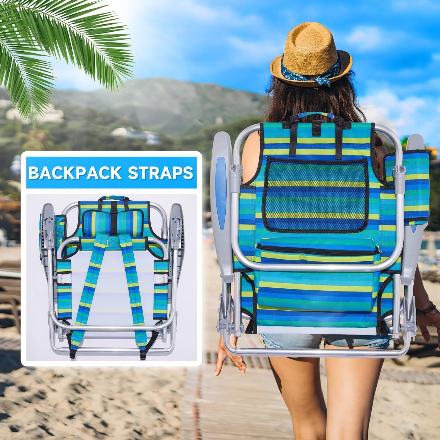 2 Pack Lightweight Portable Camping Beach Chair for Adults, Outdoor Lay Flat Folding Beach Chairs with 5 Positions, Backpack Beach Chair with Towel Bar, Zipper Pouch, Cup Holder, Ocean Striped - Image 6