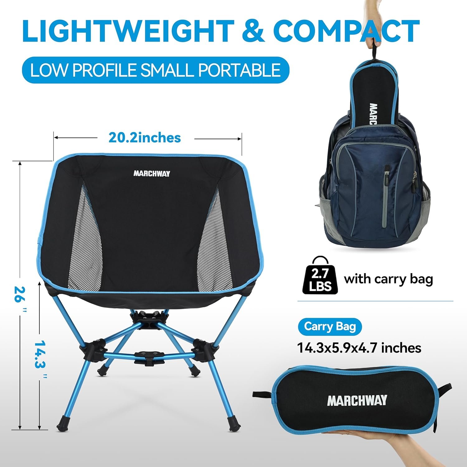 MARCHWAY Lightweight Folding Camping Chair, Portable Foldable Compact for Outdoor Camp, Travel, Beach, Picnic, Festival, Hiking, Backpacking, Supports 330Lbs (Blue) - Image 3