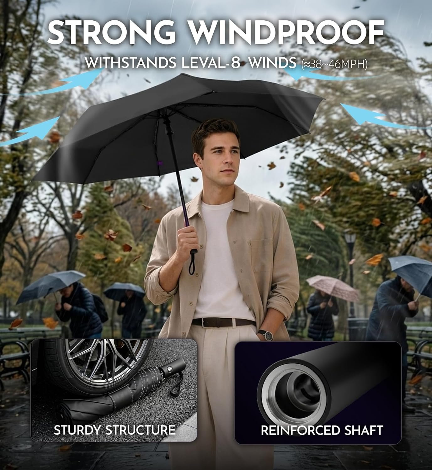Compact Travel Windproof Umbrella, 43" Auto open/close Folding Quick Dry Umbrellas for Rain, Lightweight Portable Small for Backpack Car, Thoughtful Gift for Women Men Kids, TSA Approved - Image 3