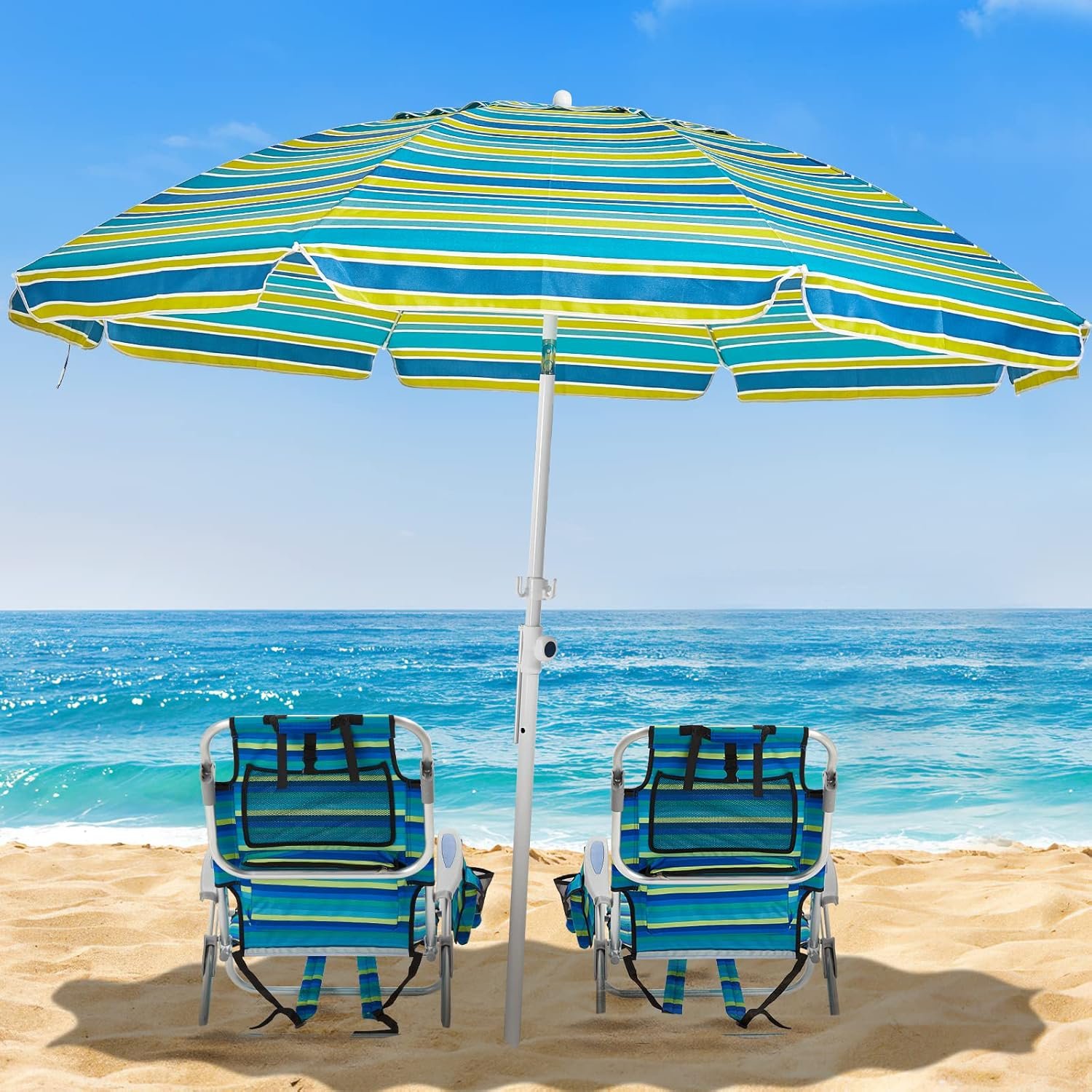 2 Pack Lightweight Portable Camping Beach Chair for Adults, Outdoor Lay Flat Folding Beach Chairs with 5 Positions, Backpack Beach Chair with Towel Bar, Zipper Pouch, Cup Holder, Ocean Striped - Image 2