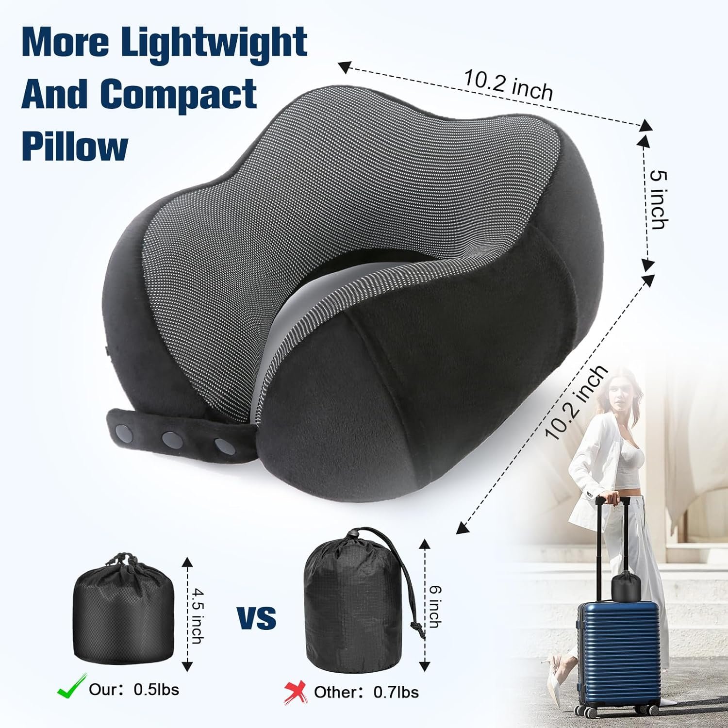 Cirorld Neck Pillow for Traveling, Travel Pillows for Airplanes,100% Pure Memory Foam Travel Neck Pillow, Adjustable Flight Pillow, Portable Plane Accessories with Eye Mask, Earplugs, Carry Bag - Image 3