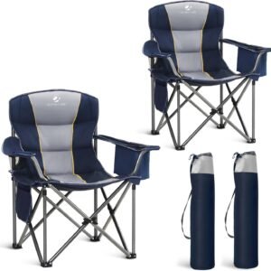 LET'S CAMP Folding Camping Chair Oversized Heavy Duty Padded Outdoor Chair with Cup Holder Storage and Cooler Bag, 450 LBS Weight Capacity, Thicken 600D Oxford,2 Pack